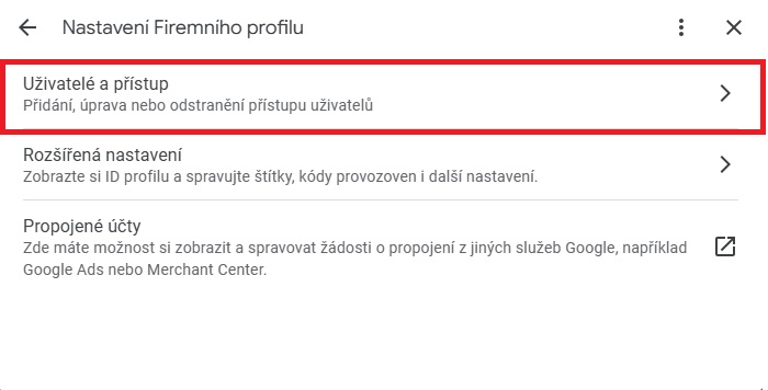 Screenshot panelu Nastavení Firemního profilu s položkou Uživatelé a přístup