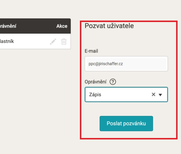 Screenshot dialogu Pozvat uživatele v Mergadu – e-mail ppc@jirischaffer.cz, oprávnění Zápis a tlačítko Poslat pozvánku