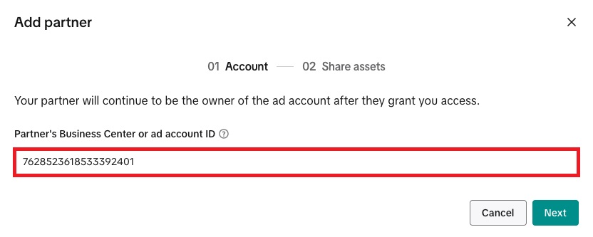 Screenshot dialogu Add partner s vyplněným ID Business Centra 7628523618533392401