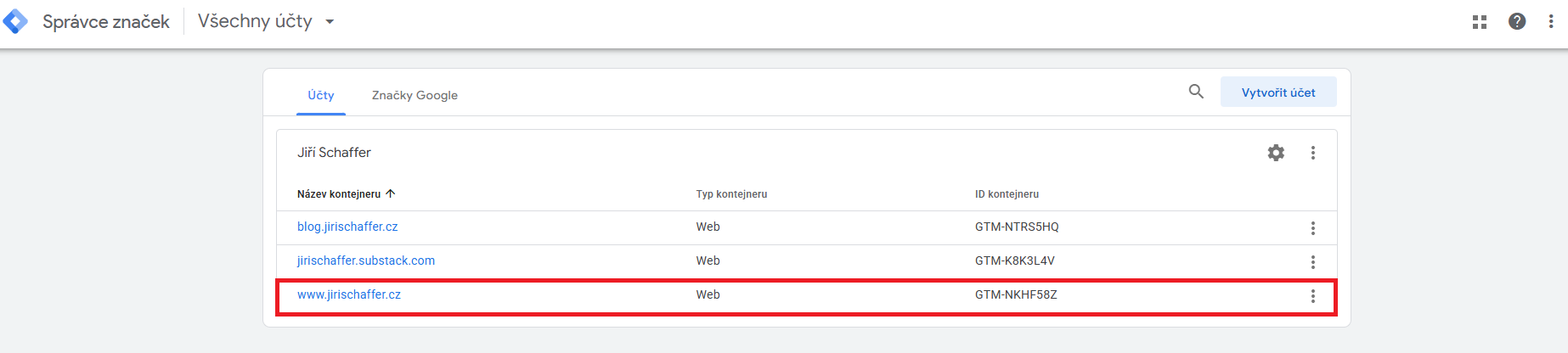 Screenshot přihlášení do Google Tag Manageru – úvodní obrazovka s přehledem účtů a kontejnerů